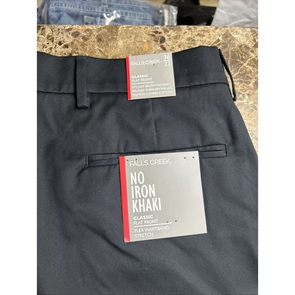 Falls Creek No Iron Khaki Pants 36x32 Mens Black Flat Front Classic Stretch